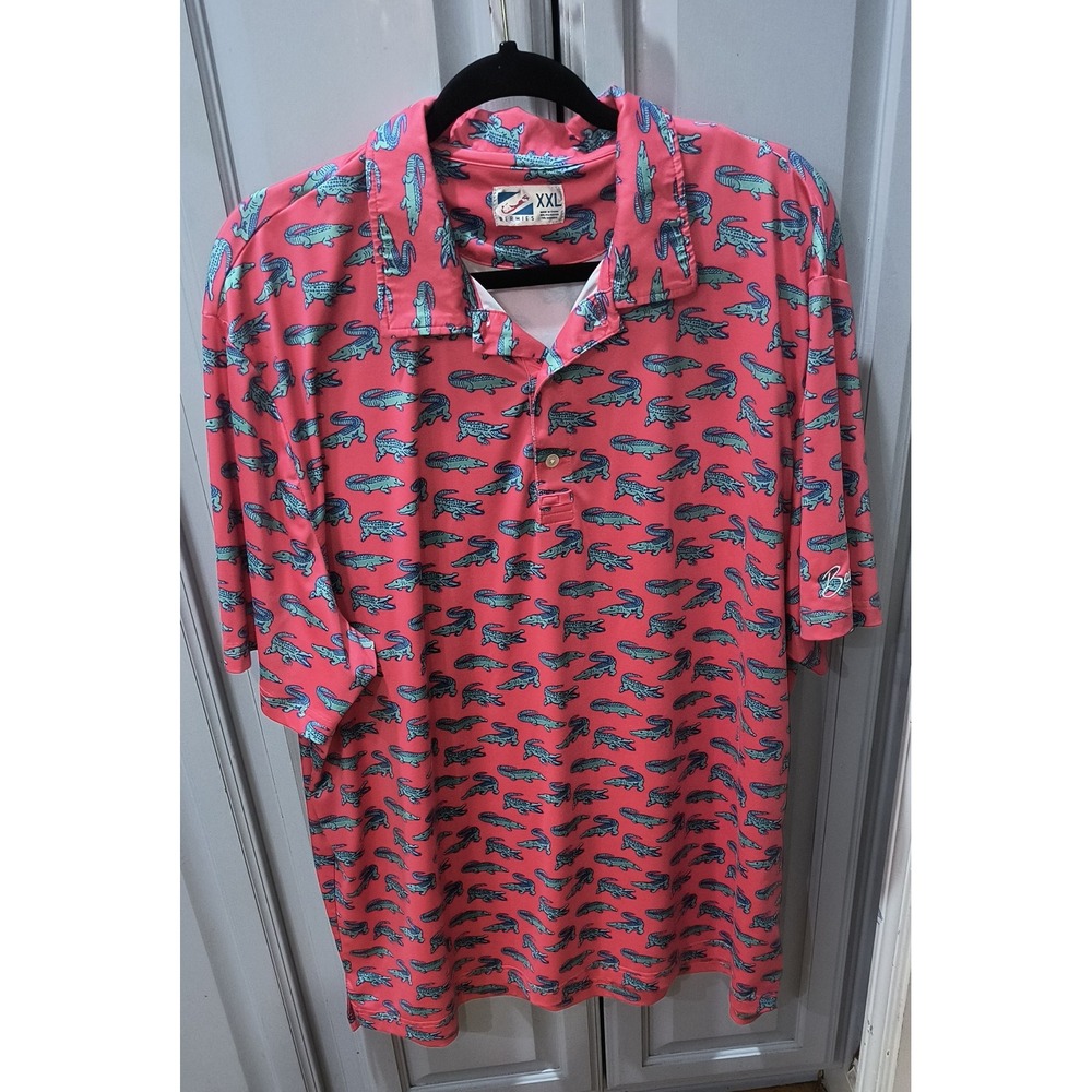 Bermies Mens XXL Alligator Print Performance Polo Shirt Pink Teal Golf Short Slv